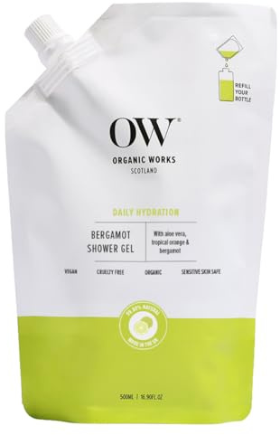 Organic Works Bergamot Shower Gel 500ml – Hypoallergenic Body Wash for Extra Dry Skin with Aloe Vera, Bergamot,Orange Oils & Vitamin C–Intensely Hydrates 99.80% Natural Protects Skin from Drying Out