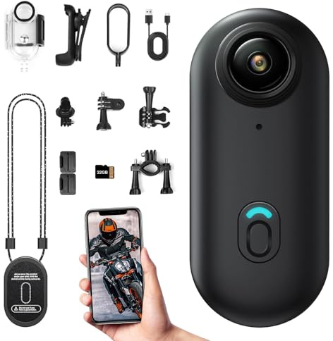 Action Cam WiFi, 1080P Mini Caméra Sport avec 32 Go, Caméra 360°, Vidéo Vélo/Moto Casque, Accessoires Varis pour Voyages/Outdoor/Animaux