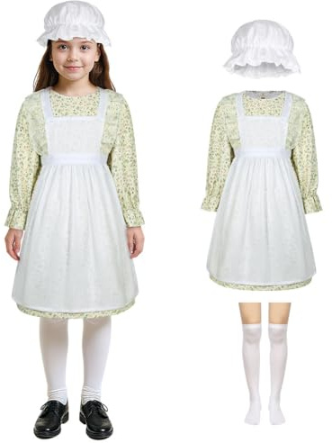 Aomig-kostym medeltida flickklänning med blommönster, fransk piga, viktoriansk 4-delad pigakostym med hatt/strumpor/vitt förkläde, historiska kläder, barnkostym, Halloween-cosplay
