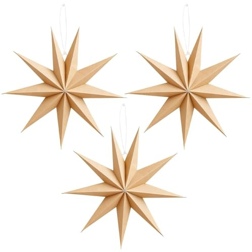 3 stelle di carta kraft da appendere, 30 cm, squisita stella pieghevole natalizia, 9 punte, stelle di carta natalizia, decorazione da tavolo, Natale, stanza, matrimonio