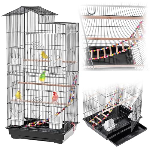 KADAX Pajarera de 46 x 36 x 100 cm, jaula para pájaros con perchas, escalera, columpio y comederos, pajarera de metal, jaula grande para periquitos, jaula para loros