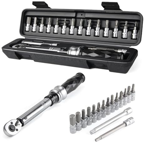Moliuoly Juego de llaves dinamométricas 18 en 1 para bicicleta de montaña, herramienta de reparación ajustable con accionamiento de 1/4, adaptadores 3/4/5/6/8/10 mm y T15-T40, para mantenimiento de