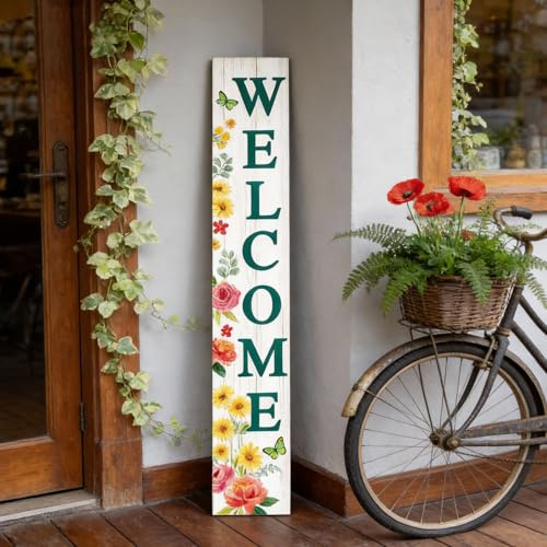 Welcome Sign for Front Door: 47 Wood Framed Spring Flower Decorations Porch Sigh with Hanging Rope, Farmhouse Hanging Standing Porch Leaner Signs for Home Outdoor