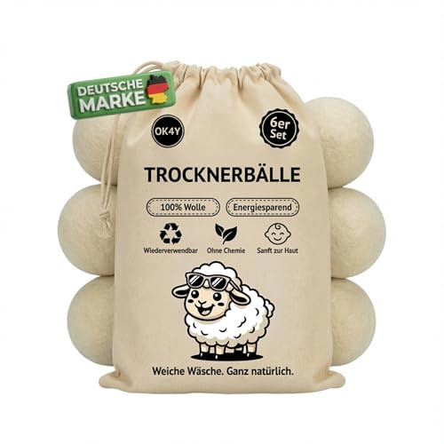 OK4Y Trocknerbälle aus 100 % Schafwolle – 6er Set, natürliche Wäschepflege ohne Chemie, wiederverwendbar, plastikfrei, verkürzt Trocknungszeit, leise & schonend für Textilien