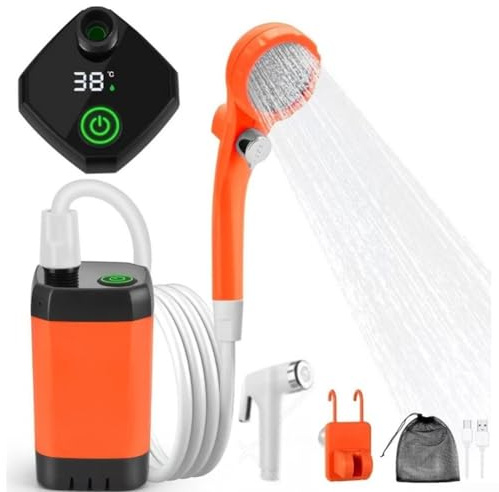 Portatile per doccia da campeggio con porta di ricarica di tipo C, durata 180 minuti, 5 impostazioni di pressione, 4 modalità di spruzzo, LCD in tempo reale (8000 mAh 5 marce)