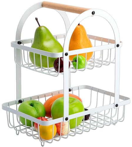 EliteHoff Obst Etagere 2 Stöckig | 2-stöckiger Obstkorb Rack, Gemüsekorb Edelstahl, Aufbewahrungskorb aus Metall für Obst, Gemüse, Brot, Snacks - Brotkorb Eckig, Drahtkorb für die Küche (Weiß)
