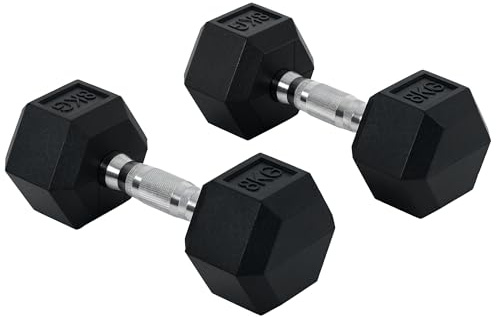 HOMCOM 2x8kg Rubber Hex Dumbbell Set Anti-Rolling Free Weights Dumbbells Pair with Knurled Grip for Home Gym Strength Training Exercise