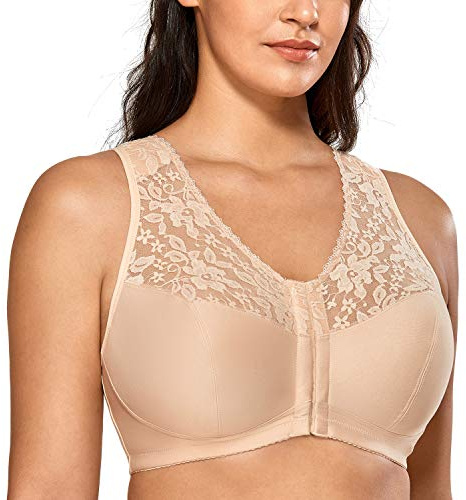 DELIMIRA Kvinnors Främre Stängda Bh:ar Racerback Plus Size Full Täckning Trådlös Bh Spets Beige 80C