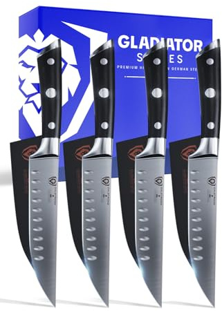 Dalstrong Non Serrated Steak Knives Set of 4-5 inch Straight Blade Steak Knife Set - Sheaths - Forged German Steel - Black G10 Handle - Gladiator Series Elite - Dinner Set - NSF Cuchillos para Carne