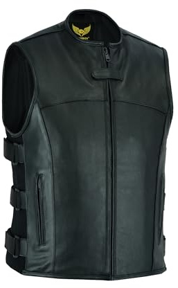 Leatherick Gilet da motociclista in pelle tattica in stile Warrior da moto da uomo, con tasche profonde