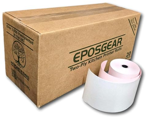 EPOSGEAR® (20 Rolls) 76mm x 76mm 76x76 Two (2) Ply Non-Thermal Paper Till Cash Register Machine Receipt Kitchen Printer Rolls (White/Pink)