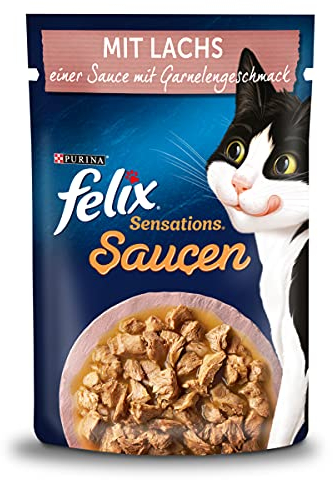 FELIX Sensations Saucen Katzenfutter nass mit Lachs in einer Sauce mit Garnelengeschmack, 26er Pack (26 x 85g)