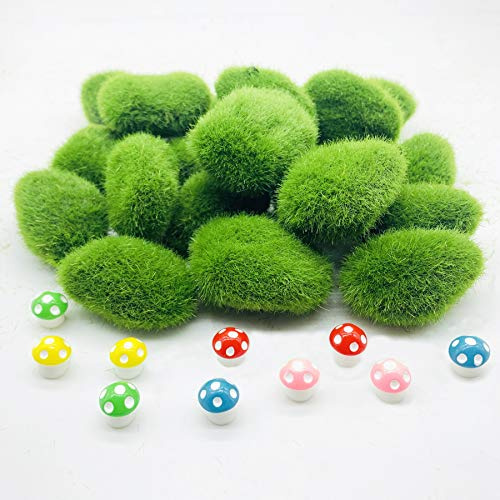 Woohome 30 Pz Muschio Artificiale, 20 Pz Taglia Artificiale Moss Rocks Stones Verde Decorazioni Finte di Muschio e 10 Pz Mini Funghi per Composizioni Floreali, Giardini Fatati e Artigianato