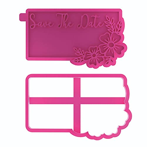 LissieLou Save The Date in Rectángulo con flores cortapastas, cortadores de galletas y sello de boda para glaseado, color rosa claro