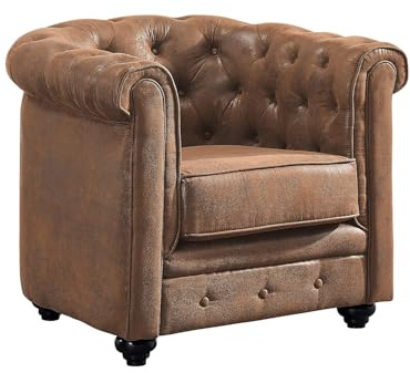 Vente-unique Chesterfield Sessel Braun – Microfaser Vintage-Look – Kapitoniert – Abnehmbarer Sitz – 1 Person – Montiert geliefert – Max. 120 kg
