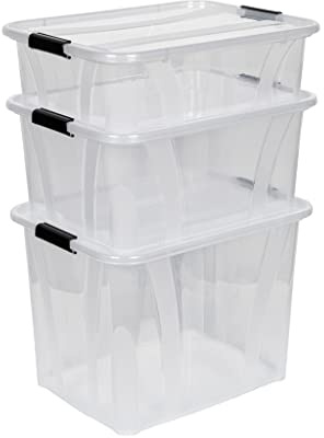 Kreher 3 Stück Aufbewahrungsbox Master mit Deckel aus transparentem Kunststoff. Nutzvolumen 21, 32 und 55 Liter. Stapelbar und nestbar. Einsehbar mit Deckel.