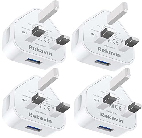 Rekavin 4 Pack USB Plug, USB Charger Plug Wall Plug Adaptor UK Power Adapter Mains Charge Head Socket 5V/1AMP Multipack Single Port Charging for iPhone 14 13 12 11/10/Xs/XS Max/XR/X/8/7/6 Plus/5/4