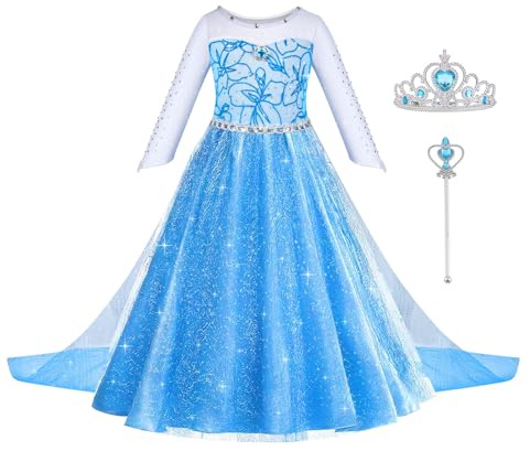 ACWOO Elsa Klänning Set, Kostym Elsa Anna Frysande Little Girl Princess med Crown Wand, Elsa Little Girl Princess Dress för Halloween Cosplay Party Födelsedag Fancy Dress