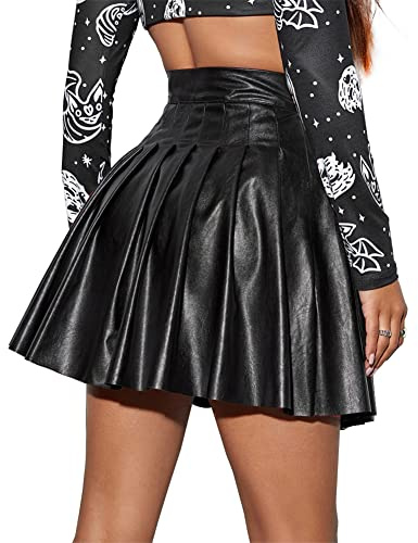 Women's PU Leather High Waist Pleated Mini Skirts Flared A-Line Short Skirt Nightclub Festival Party Rave Outfits Black XX-Large