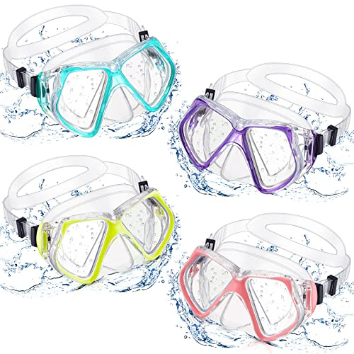 Fabbay 4 Pieces Adult Swimming Diving Goggles with Nose Cover Swim Mask Goggle Tempered Glass Snorkel Diving Mask Snorkeling Gear for Adults Youth(Light Green, Pink, Purple, Yellow)