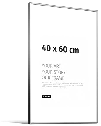 JUNOMI® Bilderrahmen 40x60 cm - Aluminium Metall Silber Matt - Schmaler Rahmen mit bruchsicherem Acrylglas - Moderner Posterrahmen für Fotos und Bilder im Hoch- & Querformat