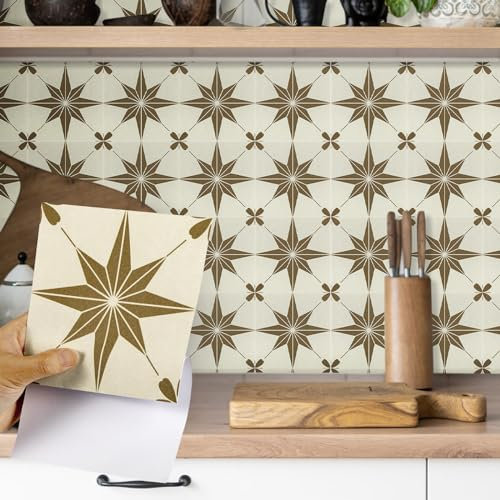 Fantasnight Tile Stickers Brown, Stars Stick on Tiles Matt 15x15cm 12Pcs, Vinyl Self Adhesive Wall, Waterproof Peel and Stick for Bathroom, Removable Backsplash for Kitchen