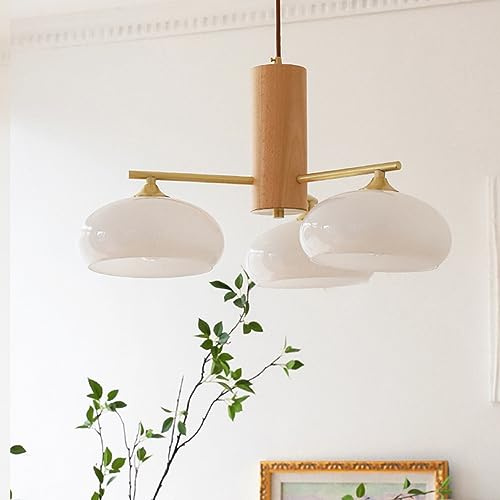 elier Wood Milk Glass Ceiling Pendant Light, Vintage Rustic Large Round Farmhouse, for Dining Room Living