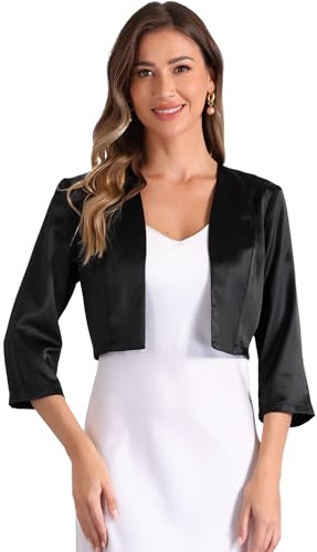Allegra K Mujer Cárdigan de Satén Bolero Elegante Manga 3/4 Frente Abierto | Recortado Shrug de Boda para Cóctel