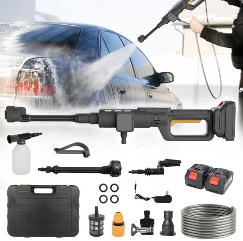 Juanya Nettoyeur Haute Pression sans Fil, Buse Réglable 6 en 1, Batterie 3000mAh avec 2 Batteries Rechargeables, Nettoyeur Portable pour Voiture, Sol, Clôture