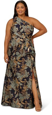 Adrianna Papell Women's One Shoulder Jacquard Dress, Blue/Gold, 8