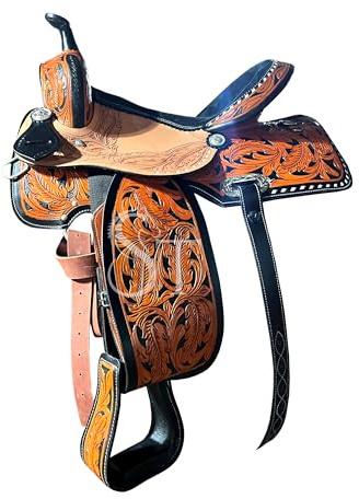 Sazaar Tack western hästsadelläder – handgjord verktygssadel med vadderat säte, justerbara stigbyglar och hållbar riggning – vandringsled, ranch och nöje ridning (25 cm – 45 cm) ST-242