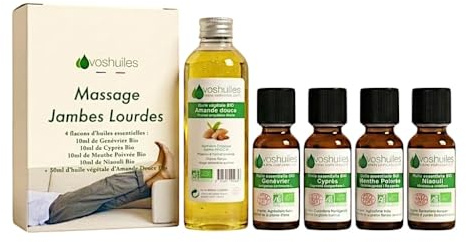 VOSHUILES - Kit Jambes Lourdes - 4 Huiles Essentielles + 1 Végétale Bio - 100% Pure et Naturelle - HEBBD, Ecocert - Niaouli, Cyprès, Menthe Poivrée, Genévrier, Amande Douce - Massage - 4x10ml, 1x50ml
