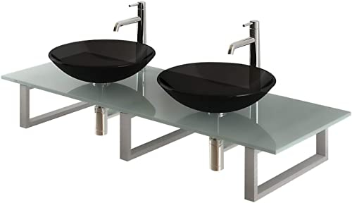 Alpenberger Glasschalen Waschtisch Set Doppelwaschtisch | 2 Glaswaschbecken Ø 46 cm | Moderne Milchglas Waschtischplatte 140 cm & Konsolen aus Edelstahl | Glaswaschschale Aufsatzwaschbecken Schwarz