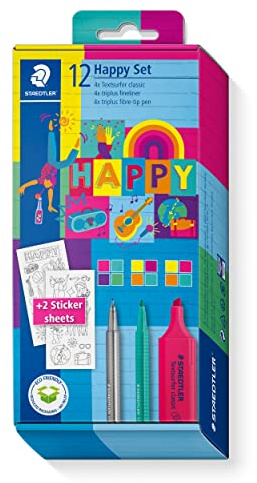 STAEDTLER Märkpennaset, i de färgglada glada glada färgerna, 4 överstrykningspennor, 4 fibermålare, 4 fineliner, klistermärken att måla, lång livslängd, olika linjebredder, 61 SC1 HA