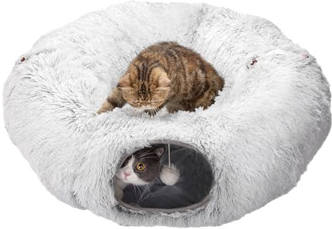 MOPANG Katzentunnelbett, Plüsch Katzentunnel Große Katzen, Runder Katzentunnel XXL mit Faltbarem Rohr und Abnehmbarer Matte und 2 Schüttelbällen, Hellgrau