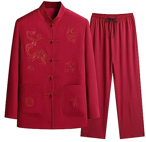 Darringls Kung Fu Ensemble de costumes pour homme - Costume chinois - Hanfu - Arts martiaux - Chemise traditionnelle - Wing Chun Taichi - Uniforme - Hauts et pantalons, rouge, XL