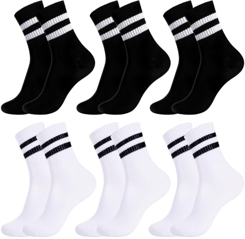 Zuimei 6 Pairs Kids Sports Crew Socks Junior Cotton School Sports Socks Boys Striped Athletic Sock for Boys Girls Kids,9-12Years(Black+White)