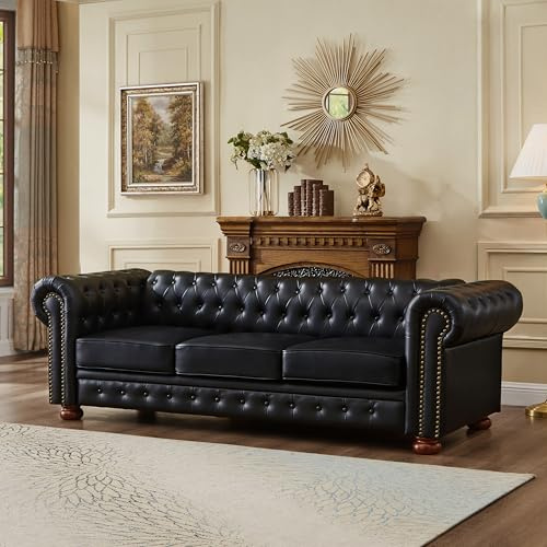 N NOORDENIYA Chesterfield Leather Sofa, 89 Mid Century Modern Couch with Low Back, Roll Arm Nailhead Trim Classic 3 Seater Couch for Living Room, Office, Apartment, PU Black