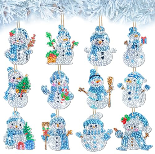 YMIFEEY 12 Stück Diamond Painting Weihnachten Anhänger Set Schneemann Diamond Painting Schlüsselanhänger Beidseitig, DIY 5D Diamant Painting Anhänger Geschenkanhänger Weihnachtsbaumanhänger (Blau)