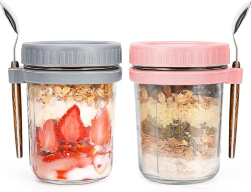 Gilen Overnight Oats Jars with Lids and Spoon, Overnight Oats Container, 10 Oz Glass Porridge Container to Go for Chia, Pudding, Milk, Cereal, Fruit, Yogurt, Salad, Cereal Meal Prep Jars (Gray+pink)