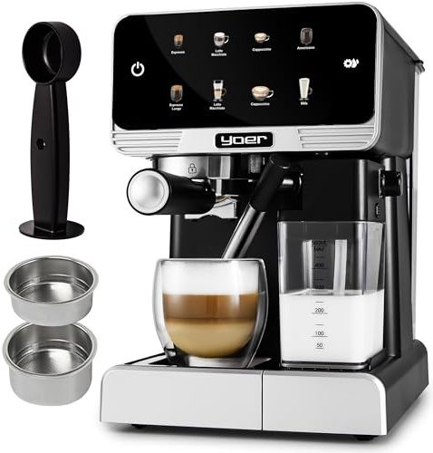 YOER Kaffeevollautomat mit automatischer Milchaufschäumer, 8 automatische Programme, Touchscreen, 20 bar, 1350W, Kaffeemaschine für Espresso, Cappuccino & Latte Macchiato, Creamo EMF03BK, schwarz