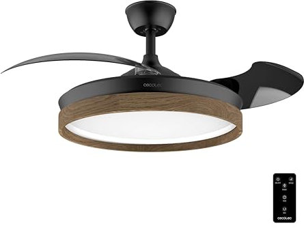 Cecotec Ventilateur de Plafond avec Lumière Energysilence Aero 4320 Invisible Wood&Black. 35W, 6 Vitesses, Pales Rétractables, Télécommande, Minuteur, Lumière Intégrée, Intensité Lumineuse Réglable