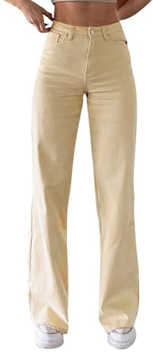 Laquieio Women Solid Color Jeans Sagging Loose Slim Waist Straight Pants Women's Casual Jeans Disfraz Adulto Mujer (Beige, XL)