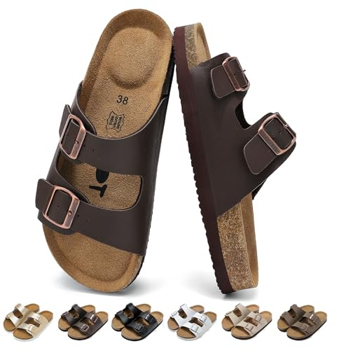 chetoria Sandalias Mules Mujer Hombre con Dos Hebillas Ajustables 36-46EU | Comodas y Ligero Sandalias Ortopedicas con Arch Fit y Planas de Corcho, Antideslizante Cuero Zapatillas con Punta Abierta