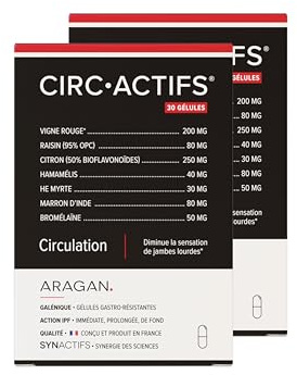 ARAGAN Synactifs Lot de 2 Circactifs | Complément Alimentaire Circulation, Jambes Lourdes | Vigne Rouge, Raisin, Citron, Sélénium, Huile essentielle | 60 gélules | 1 mois de prise Fabriqué en France