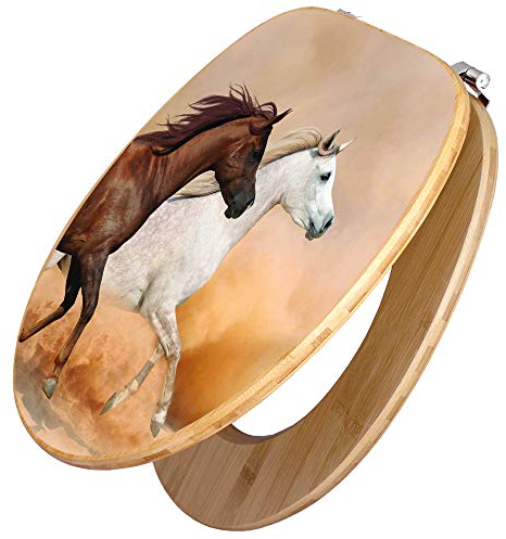 banjado Design WC Sitz Bambus 45x37,5cm / Toilettendeckel Holz/hochwertiger Toilettensitz/Bambus-Toilettendeckel für alle gängigen Toiletten - Wilde Pferde