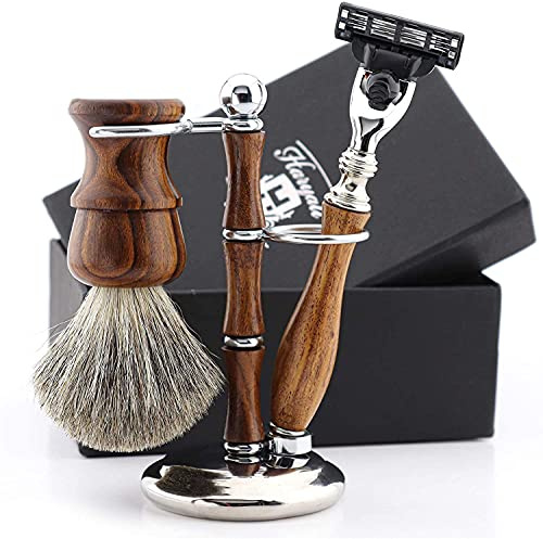 Haryali London Shaving Kit - 3 Pc Wooden Shaving Kit - 3 Edge Shaving Blade Shaving Razor - Super Badger Shaving Brush - Shaving Stand from Wood and Stainless Steel - Shaving Set as a Gift Set