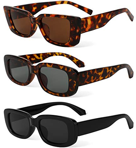 PHOGARY Gafas de Sol Rectangulares Vintage, Moda Vintage Marco Cuadrado Gafas Protección UV400 Gafas de Conducción Retro para Mujeres Hombres (3 Piezas)