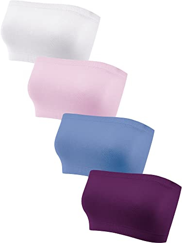 Geyoga 4 Pieces Strapless Bandeau Bra, Seamless Bralettes Stretchy Non Padded Bandeau Tube Top Bra for Women(Fresh Colors,Large)