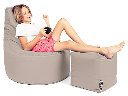 PATCH HOME Patchhome Gamer Kissen Lounge Kissen Sitzsack Sessel Sitzkissen Bean Bag + Würfel/Hocker mit Reißverschluss bereits befüllt (Creme, XXL - Ø80cm Sessel + 35x35cm Würfel)